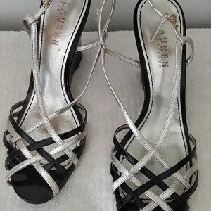Ralph Lauren Berdy Black/Gold Metallic Strappy Leather Wedge Heels